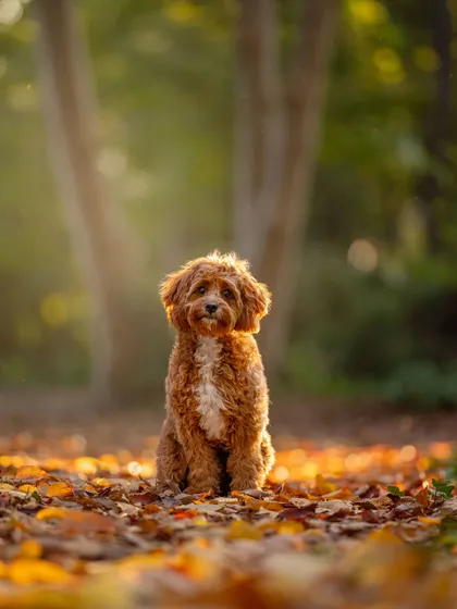 Pet photography portrait of an apricot cavoodle sitting alone on a carpet of autumn leaves in the forest
